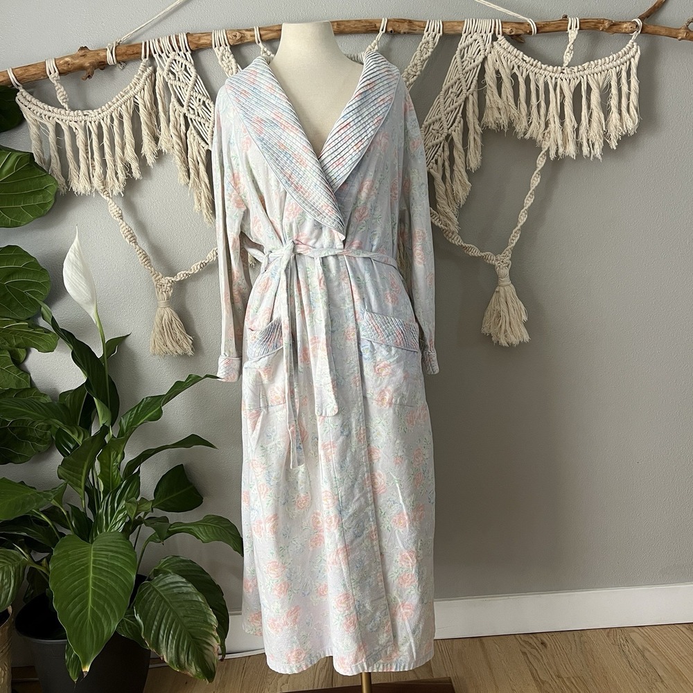 Lanz Of Salzburg Quilted Robe Womens L pastel Floral Grandma Cottagecore